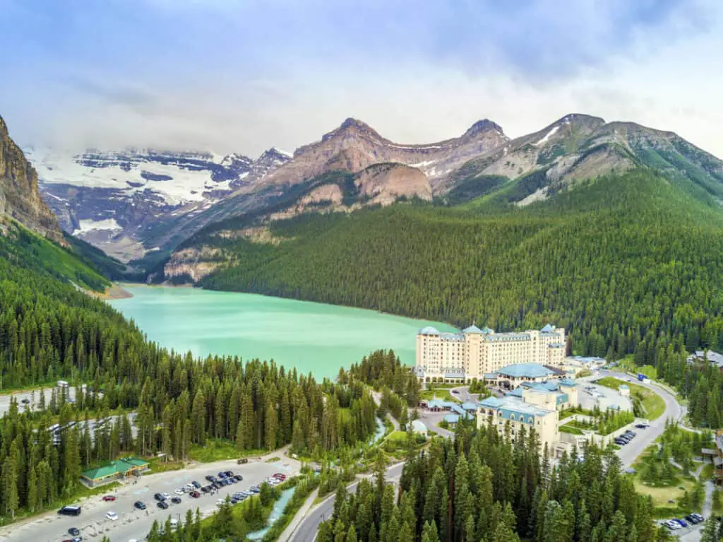 Aerial view of Lake Louise, the Château Lake Louise and the Lake Louise parking lots on the left