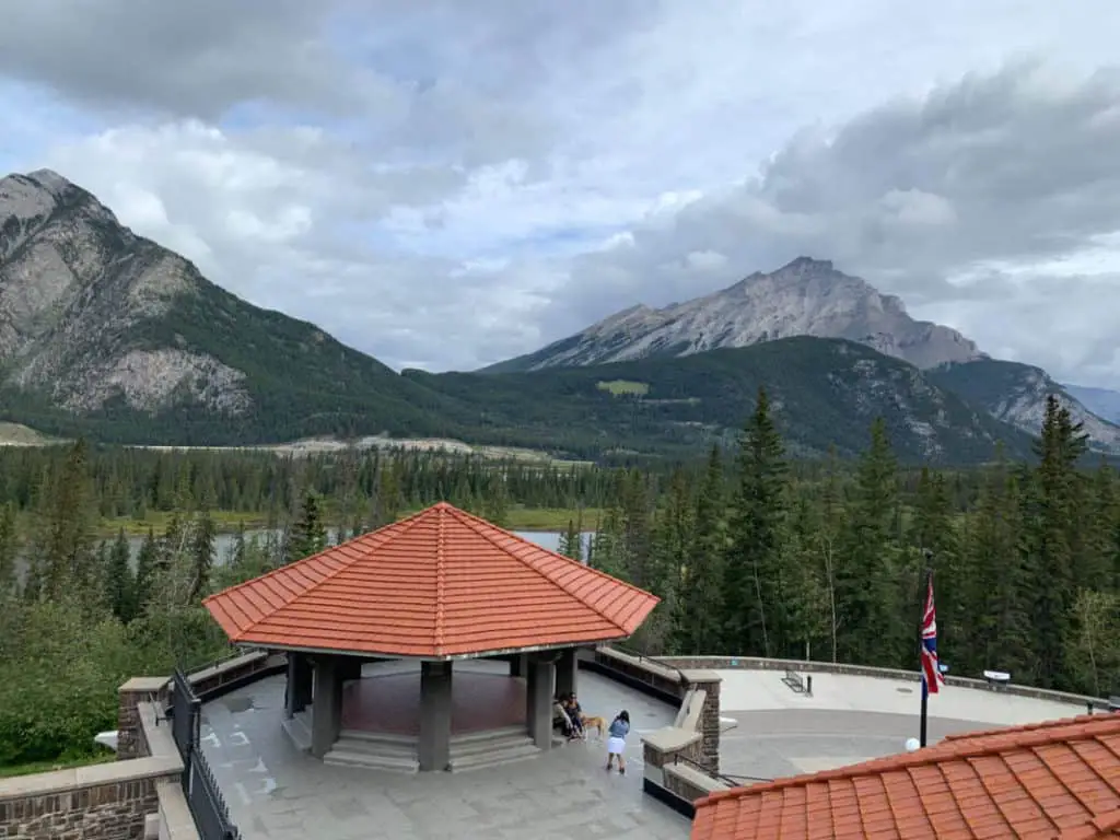 View from the Cave and Basin National Historic Site in Banff on the Bow River with in the distance Mount Norquay and Cascade Mountain.