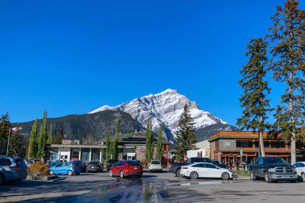 Cars are parked at the Central Park Parking lot near Banff Avenue in the center of the Banff Townsite