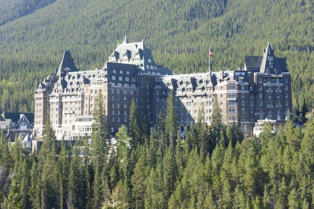 The Banff Springs Hotel on the flanks of Sulphur Mountain seen from Surprise Corner
