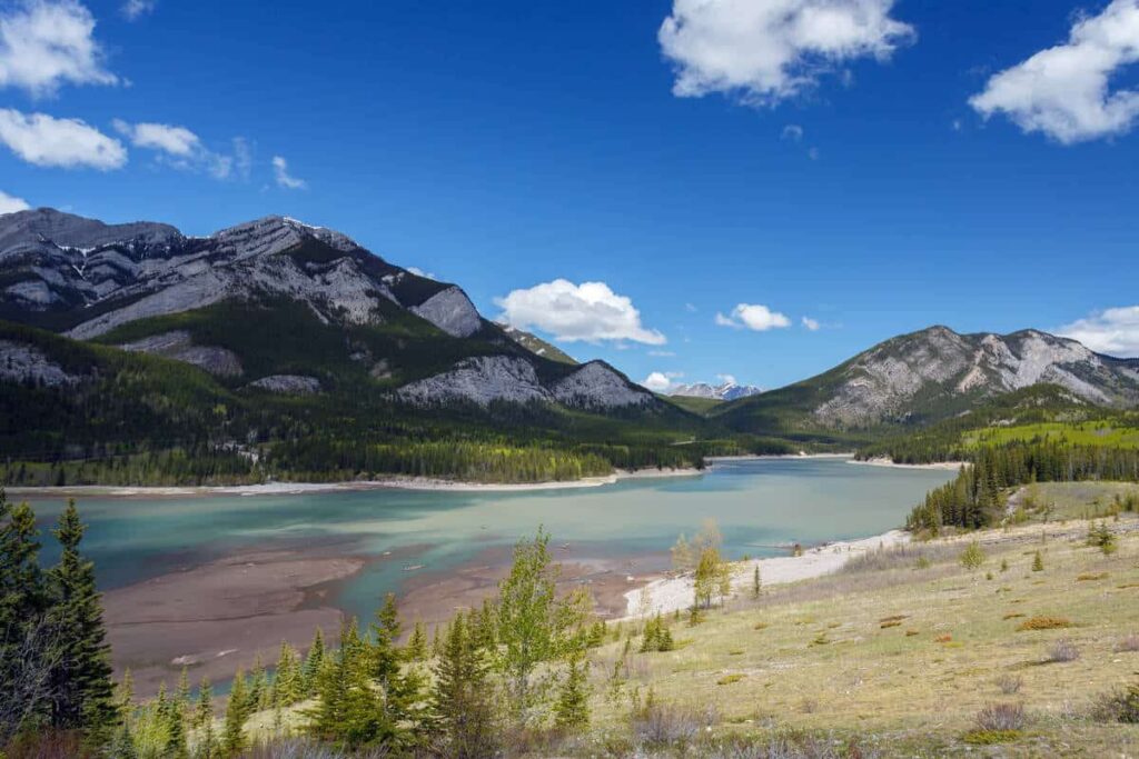 Barrier Lake in Kananaskis Country under an almost clear blue sky