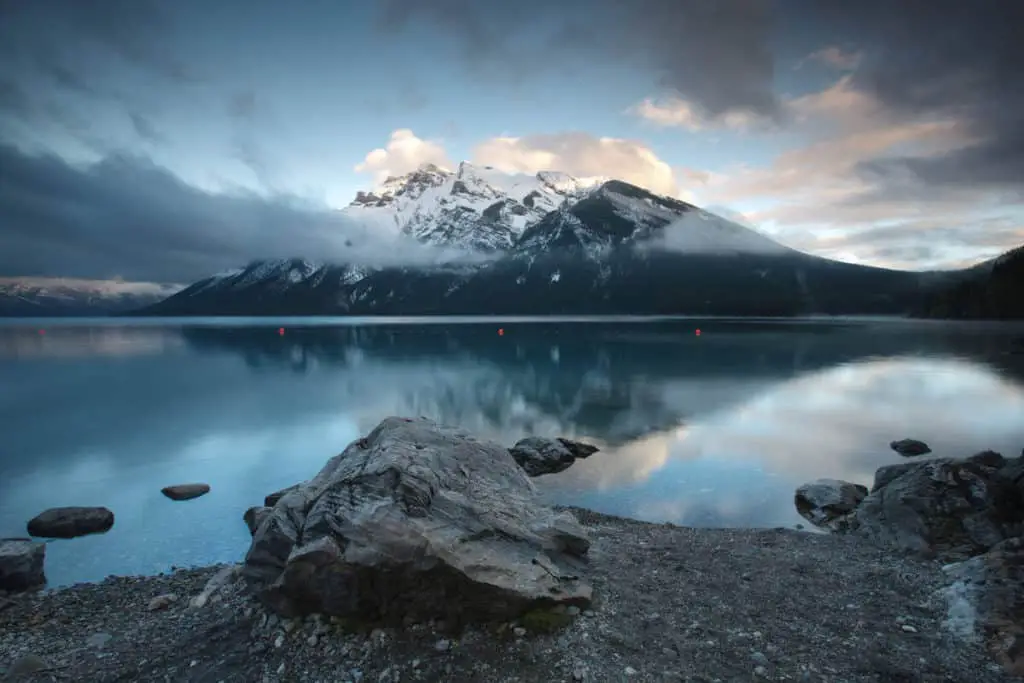 Lake Minnewanka during sunrise on a cold morning in Banff National Park