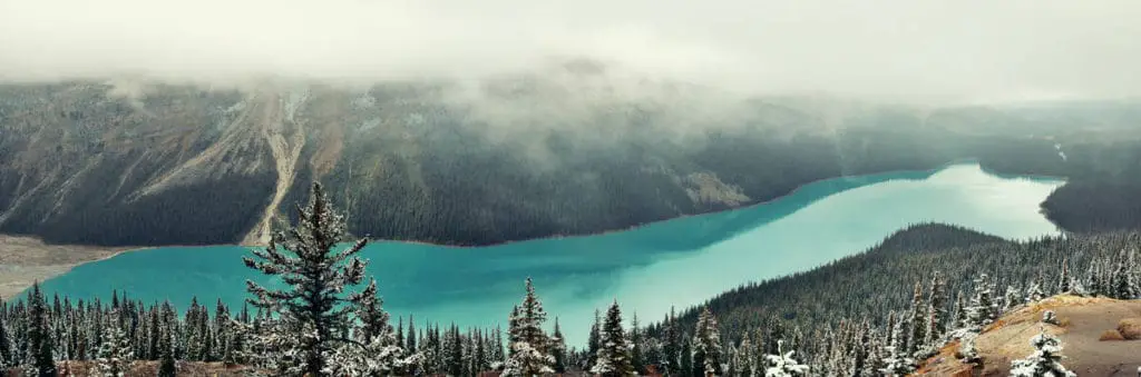 Panorama of Peyto Lake in late fall with snow covering the surounding forest
