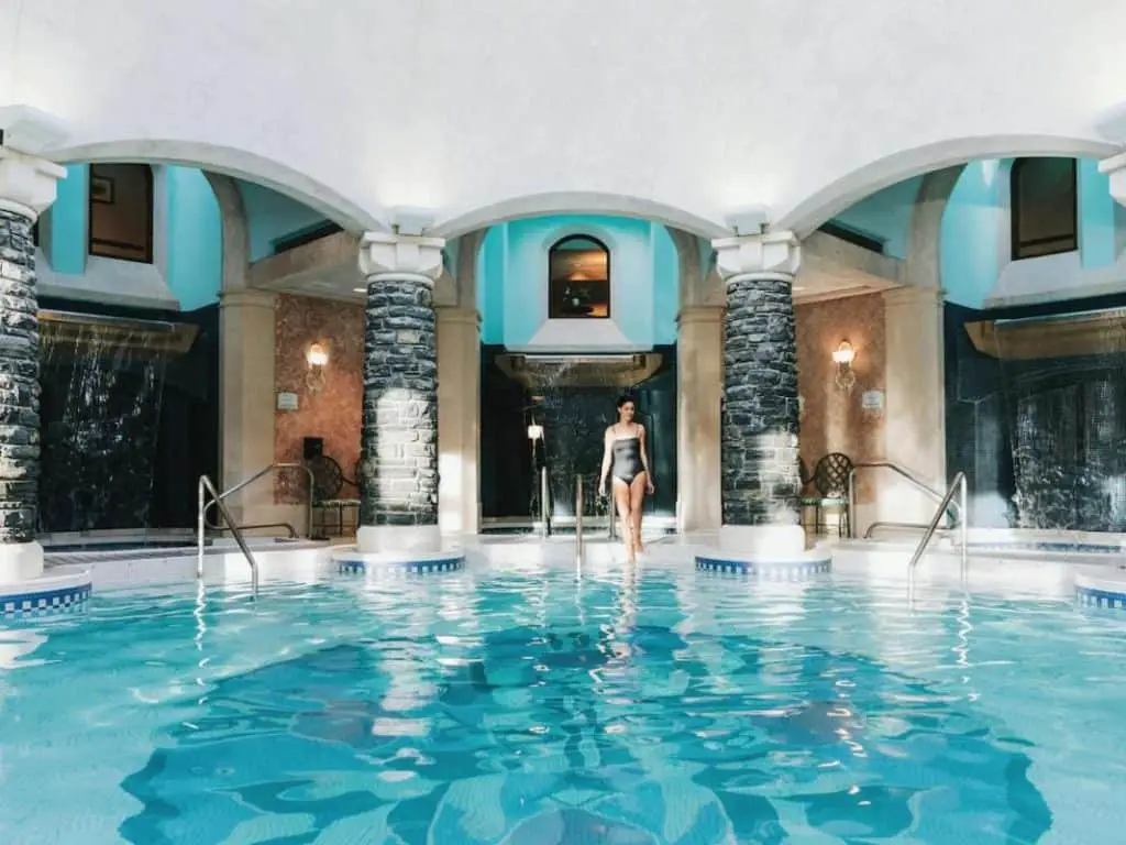 The luxurious indoor pool of the Banff Springs Hotel Willow Stream Spa