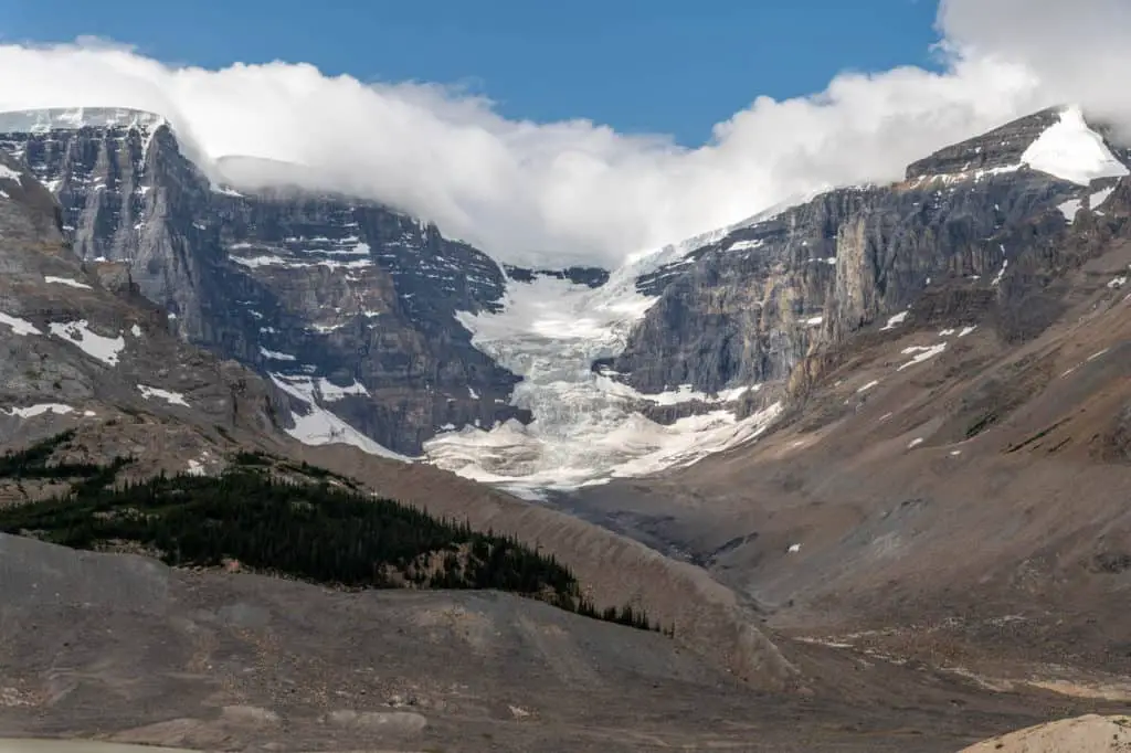 Overview of the Athabasca Glacier and it mountainous surrounding along the Icefield Parkway