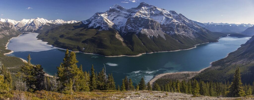 A panorama shot of the view from Alymer Lookout at Lake Minnewanka in Banff National Park