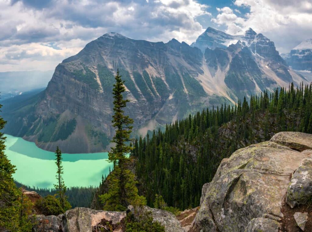 The Big Beehive Trail in Banff National Park with Lake Louise below