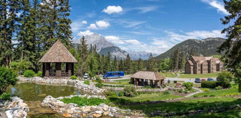 The Cascades of Time Garden in the town of Banff with the Administration Building on the right