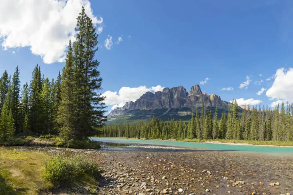 Castle Mountain in Banff National Park seen from the Bow River