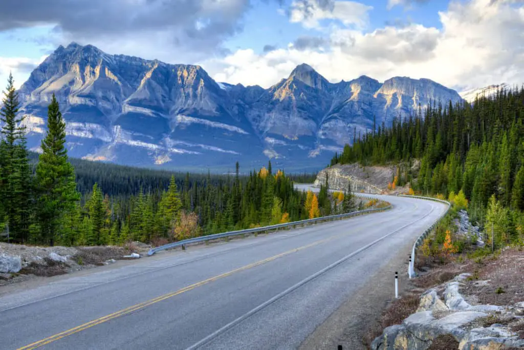 The winding Icefield Parkway cutting through the Canadian Rockies of Banff National Park
