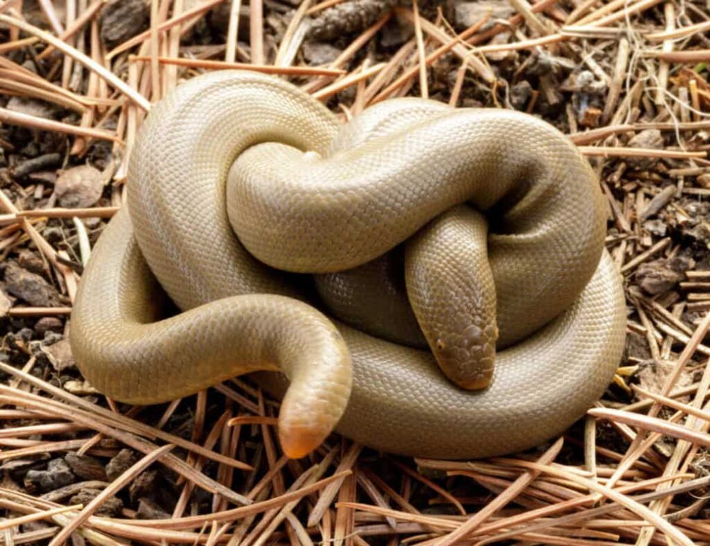 A rubber boa snake rolled up on the ground