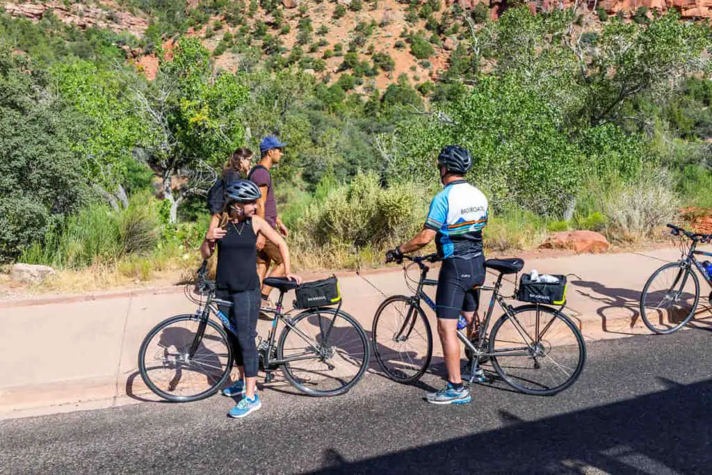 A group of four cyclists standing on the side of the road in Zion looking behind them