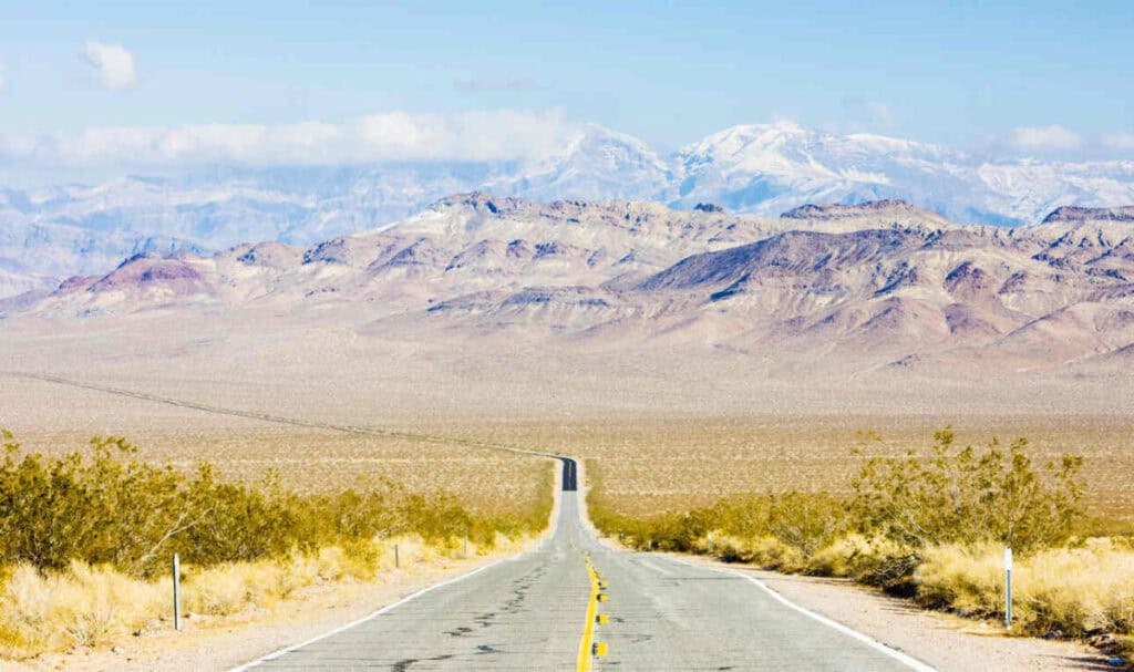 Emigrant Canyon Road winds into the distance in Death Valley National Park.