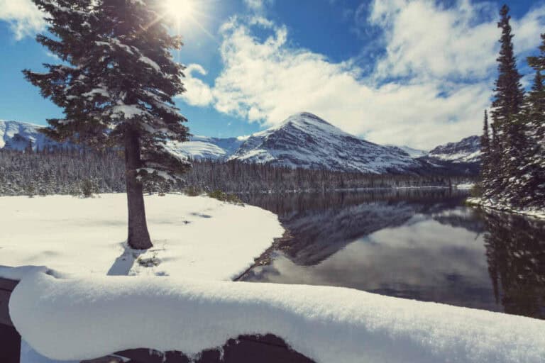 A snow covered Glacier National Park in winter.