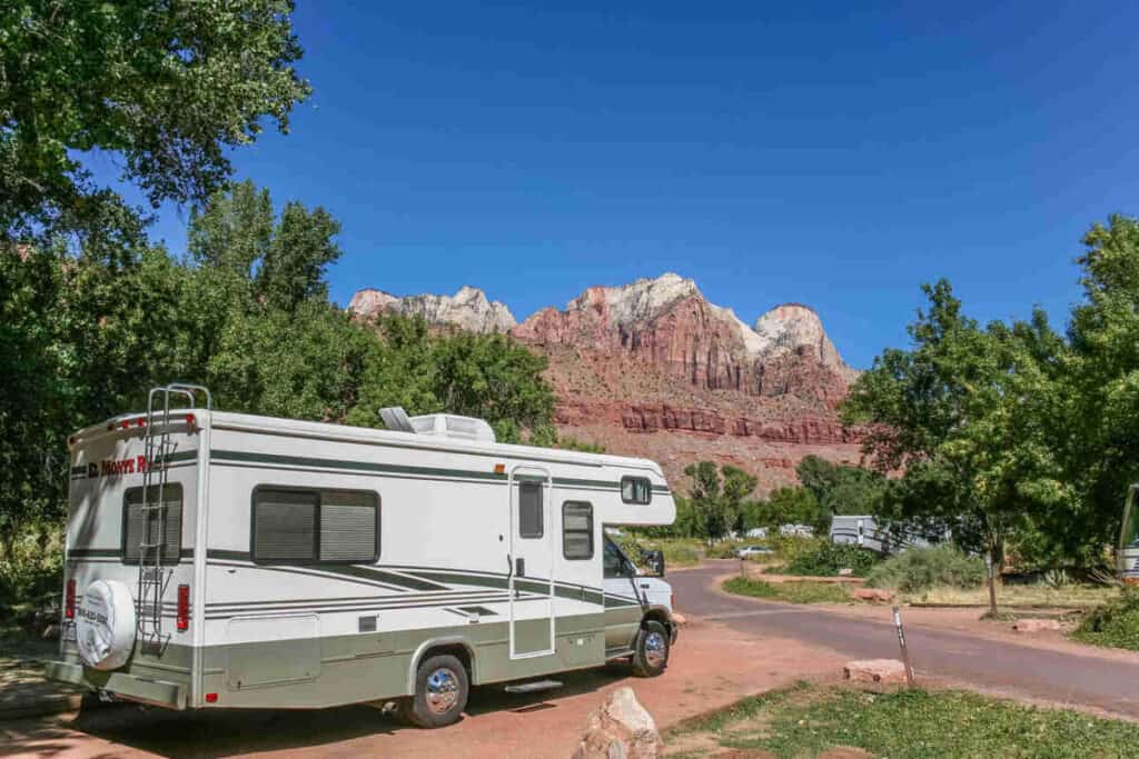 A motorhome at the famous South Campground in Zion National Park.
