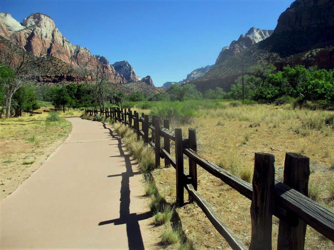 Explore the breathtaking landscapes of Zion National Park with a clear sky and surrounding mountains along a scenic pathway.