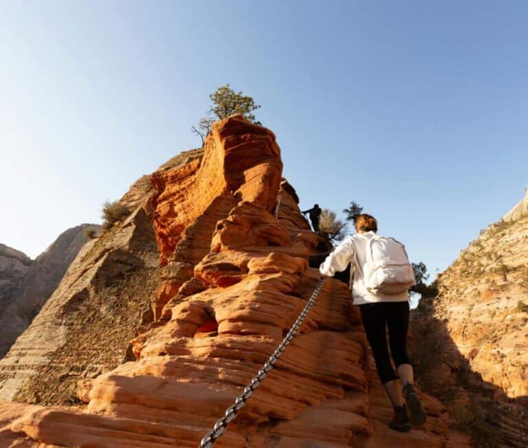 Hiker climbs rocky terrain in Zion National Park, showcasing the dramatic sandstone cliffs.