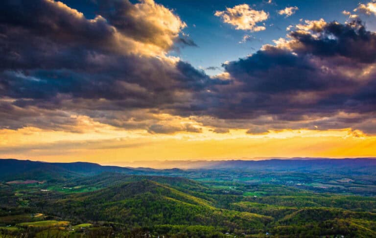 Sunrise over the rolling hills of Shenandoah National Park.