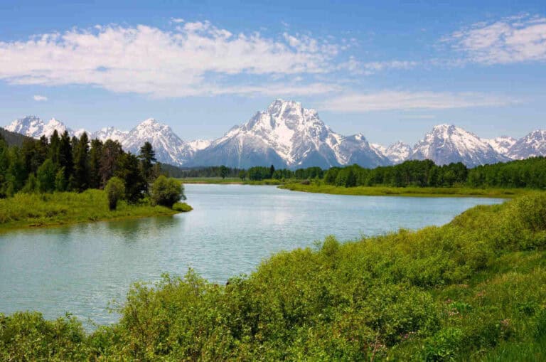 Mount Moran in the distance at Oxbow Bend in the Snake River in Grand Teton National Park.